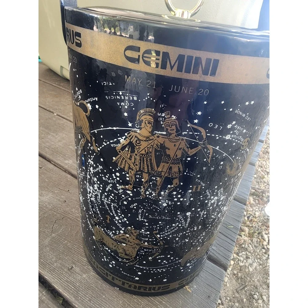 Vintage RARE Mid-century Black & Gold Celestial Horoscope Serving Ice Bucket HTF